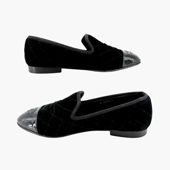 Chanel CC Cap Toe Quilted Loafers Size 37.5 US 6.5-7 Black Velvet Flat Slipper - Picture 9 of 14